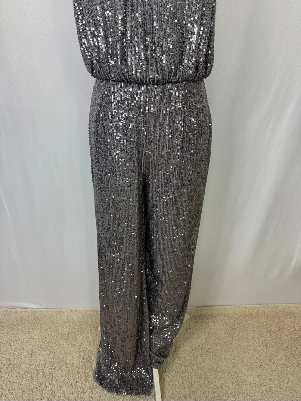Eliza J Sequin Mock Neck Jumpsuit Size 8 Gunmetal Silver - Picture 5 of 11